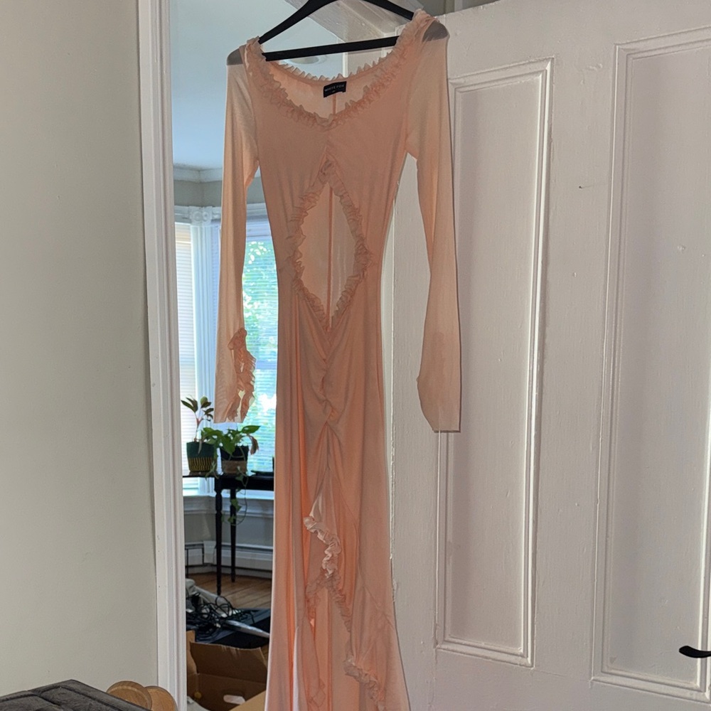 White Fox Boutique Peach Ruffle Cutout Maxi Dress